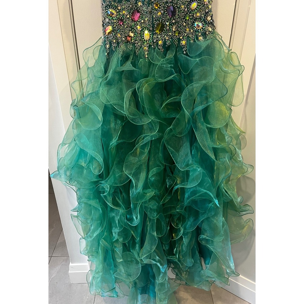 Emerald Green High Low Dress Sequin Crystal Embellished Ruffle Gown Strapless SM - Picture 9 of 17